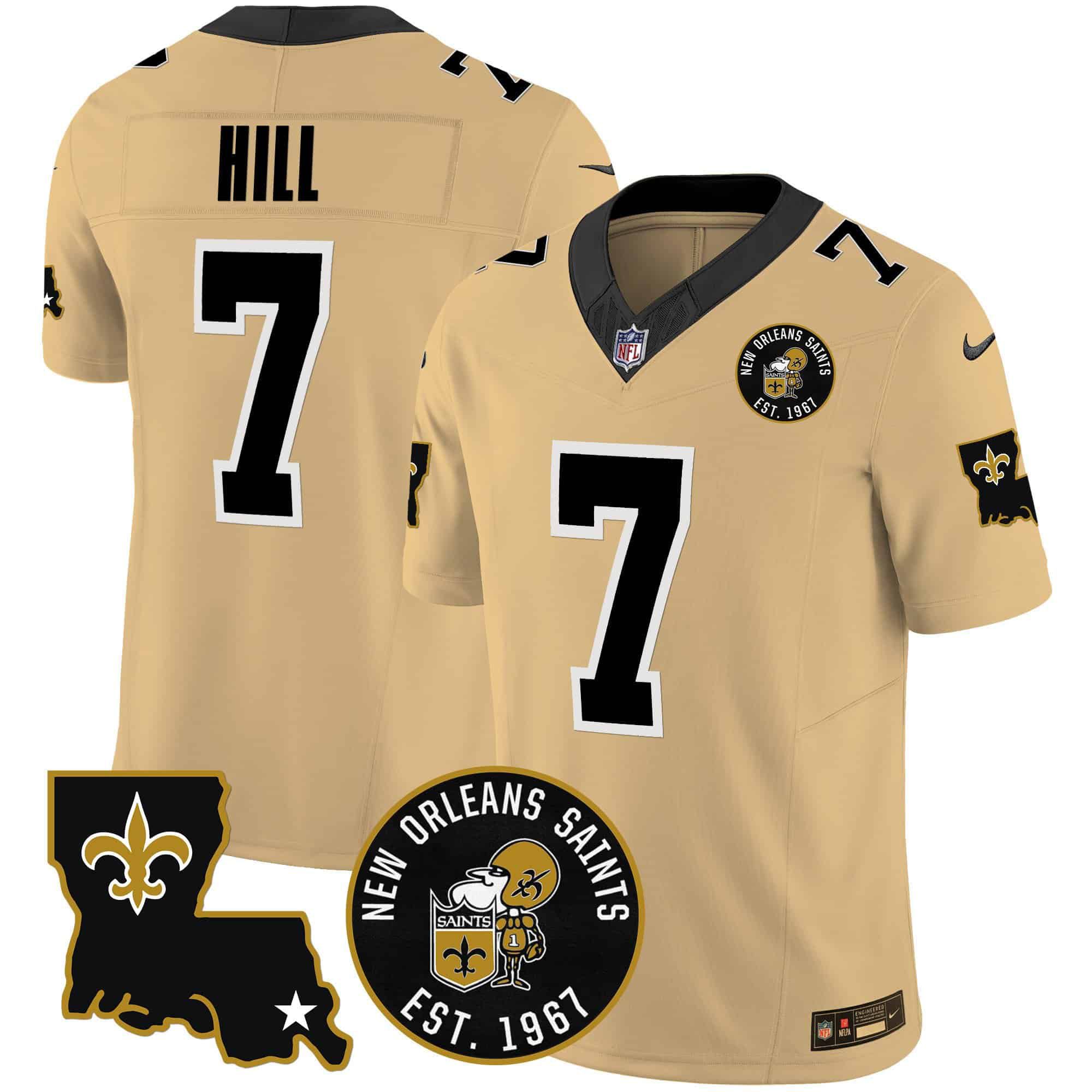 Men New Orleans Saints #7 Hill Yellow 2024 Nike 1967 Patch Vapor Limited NFL Jersey